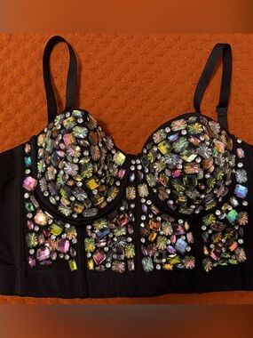 Black Jeweled Bustier Bra with Iridescent Crystal Accents
